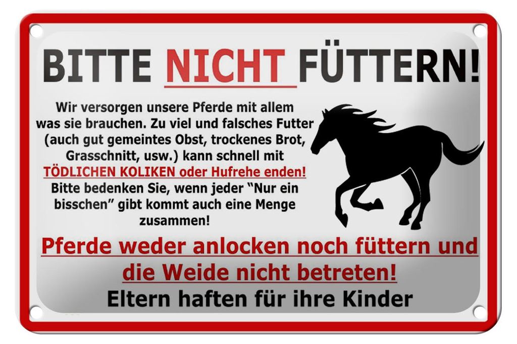 Blechschild Warnschild 18x12cm (Pferd) Bitte nicht füttern