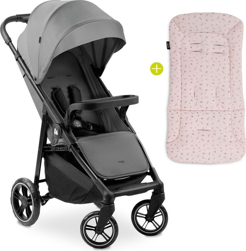 A gray stroller and a pink seat cushion are displayed against a white background.