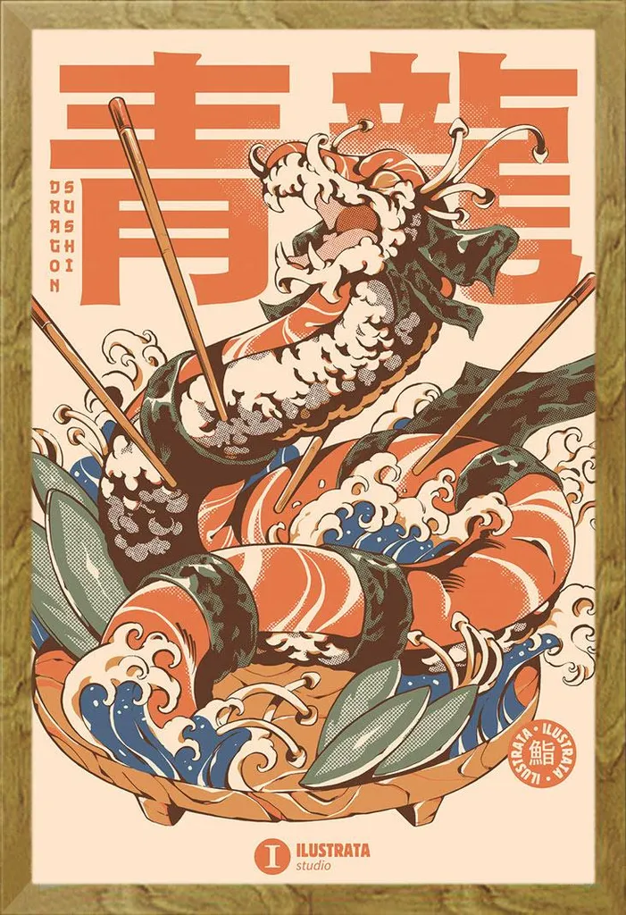Dragon Sushi Poster Ilustrata Cornice Shinsuke Rovere Acrilico 61x91