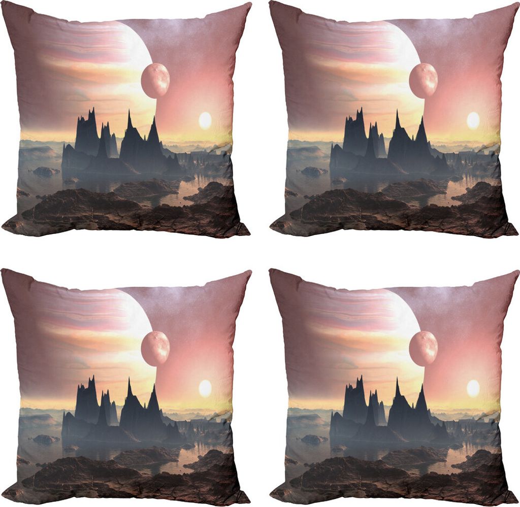 ABAKUHAUS Fantasie Kissenbezug Set (4 Stück), Twin Moons über Planet, Moderner Doppelseitiger Digitaldruck, 40 cm x 40 cm, Blush Gelb Dunkelbraun