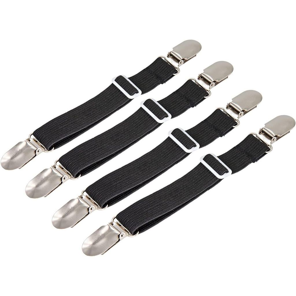 Four black elastic straps with silver clips, arranged diagonally on a white background.