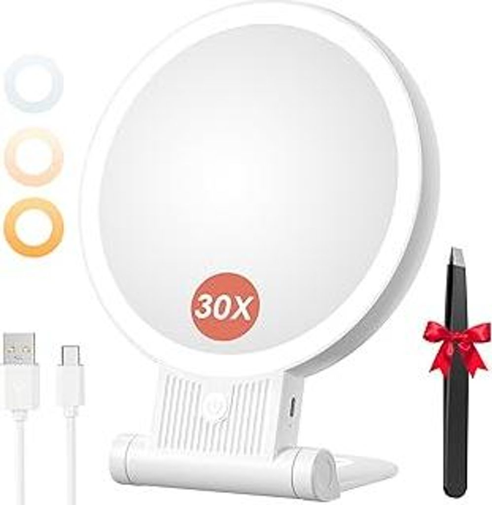 Auxmir Kosmetikspiegel mit Beleuchtung, 30X/1X Doppelseitig Schminkspiegel mit Licht, Dimmbar Tischspiegel, 3 Farblichter Handspiegel, 2000 mAh, Fa...