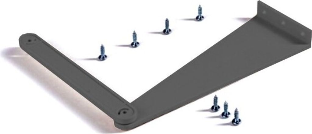 A dark gray metal bracket and screws are arranged on a white background.