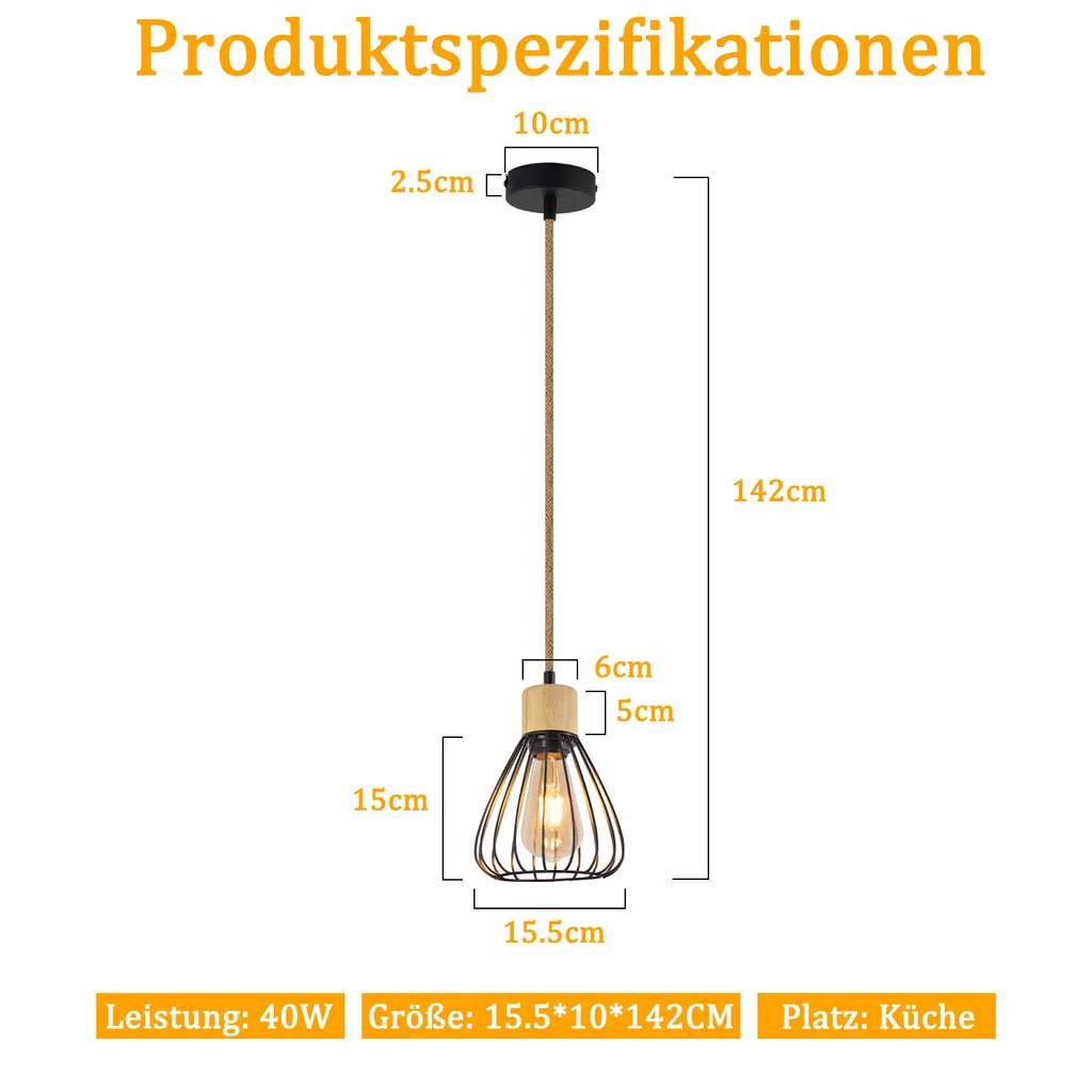 ZMH lampada a sospensione tavolo da pranzo sospensione lampada sala da pranzo vintage lampada sala da pranzo nero lampada a sospensione metallo 1 fiamma corda di canapa retrò in legno industriale E27 lampada a sospensione per soggiorno senza lampadina - 2