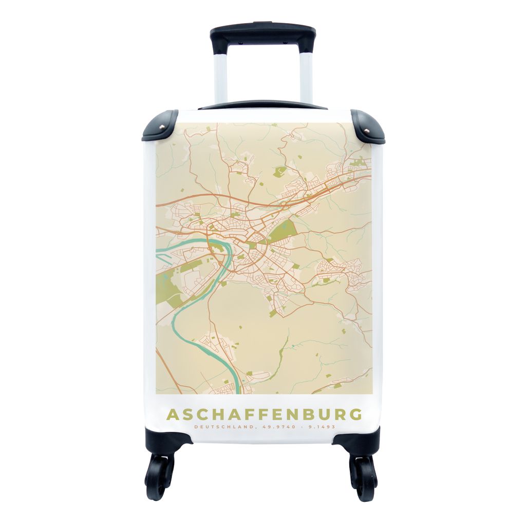 MuchoWow Koffer Handgepäck Trolley Rollkoffer Kleine Reisekoffer mit 4 Rollen - Karte - Jahrgang - Afschaffenburg - Karte - Cabin Size < 55x40x2...