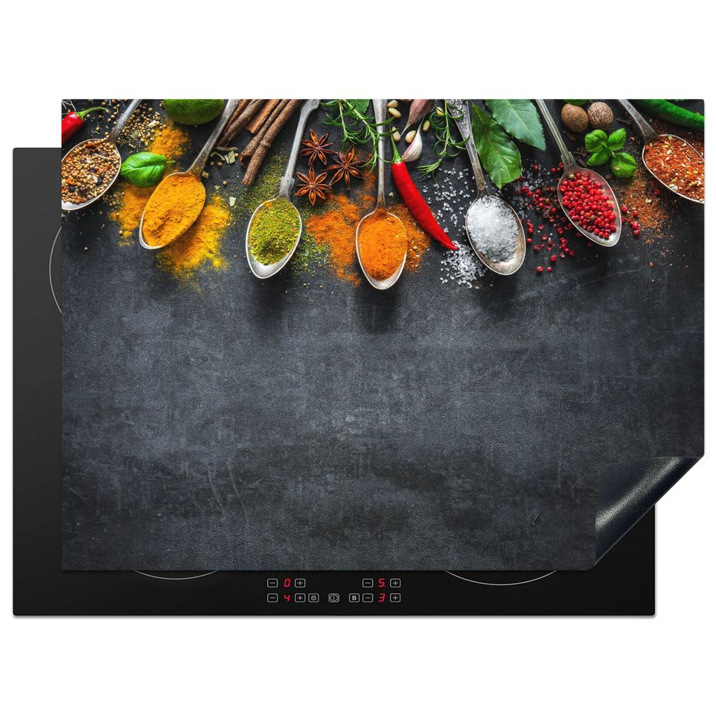 KitchenYeah Herdabdeckplatte Beton - Gewürze - Löffel , 71x52cm, Küche Deko, Glaskeramikkochfeld Herdabdeckung, Abdeckplatte fùr Kochfeld
