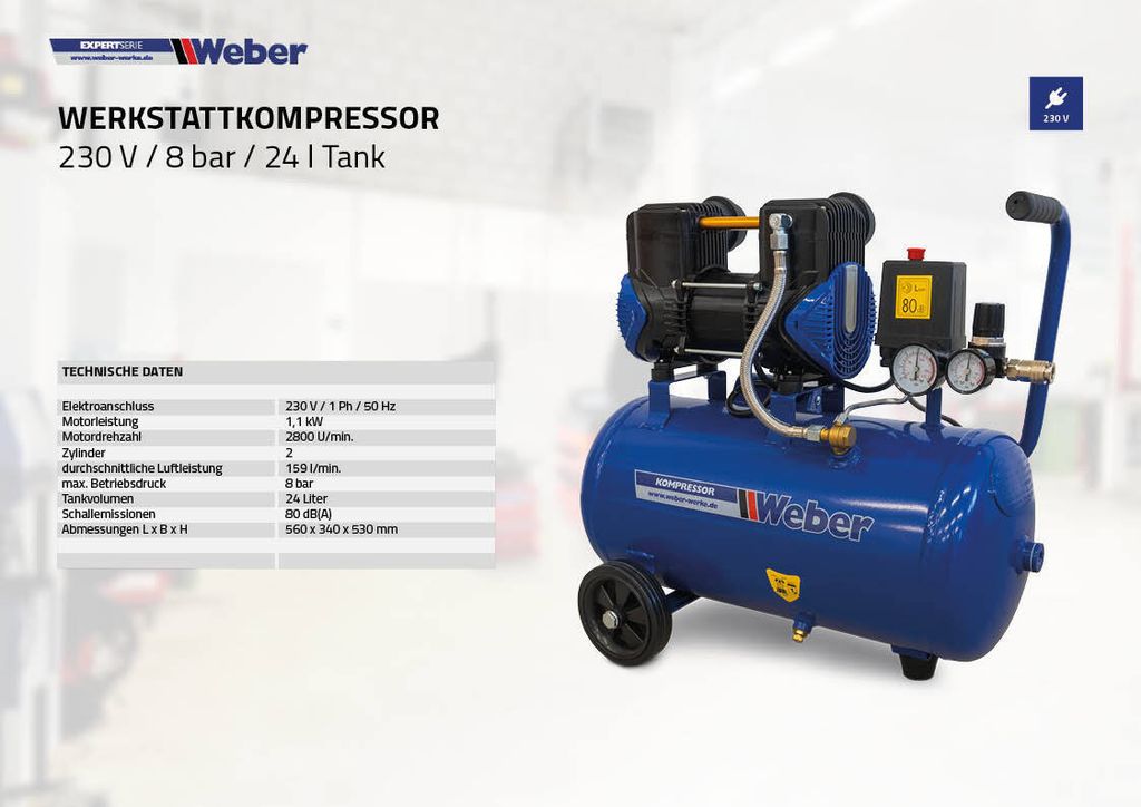 Weber Flüster Kompressor silent 230 V / 8 bar / 24 l Tank Produktbild 5