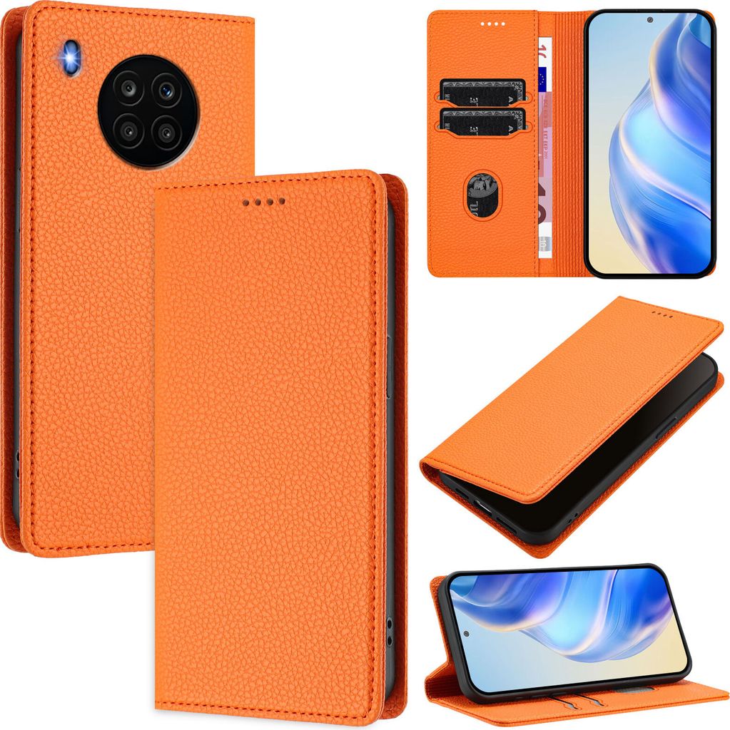 Litchi Leder Handyhülle für Huawei Nova 8i/Honor 50 Lite Wallet Kartenfächer Standfunktion Hülle Orange