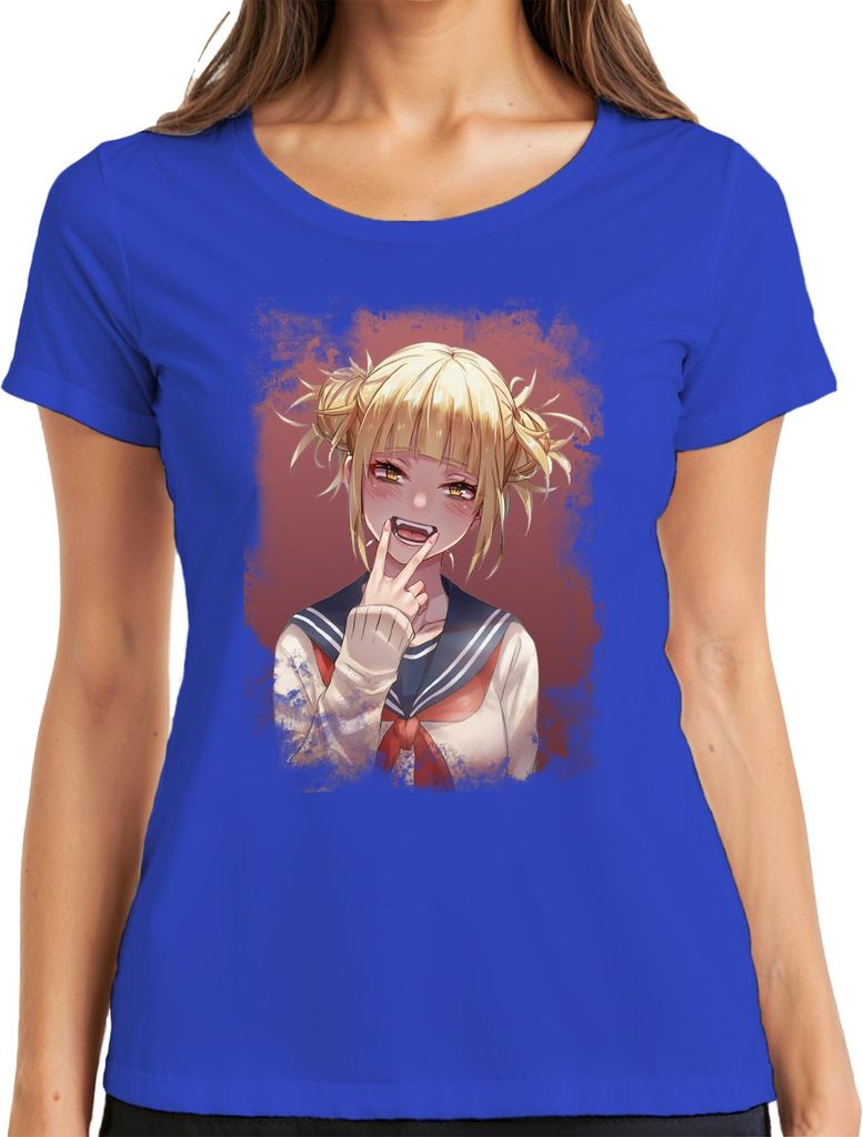 Himiko Toga Schulmädchen Seifuku Yandere Manga Porträt Vampir Damen T-Shirt, Blau, L