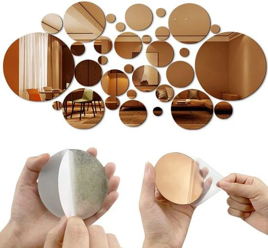 Décoration murale chambre et salon : 32 miroirs ronds dorés adhésifs