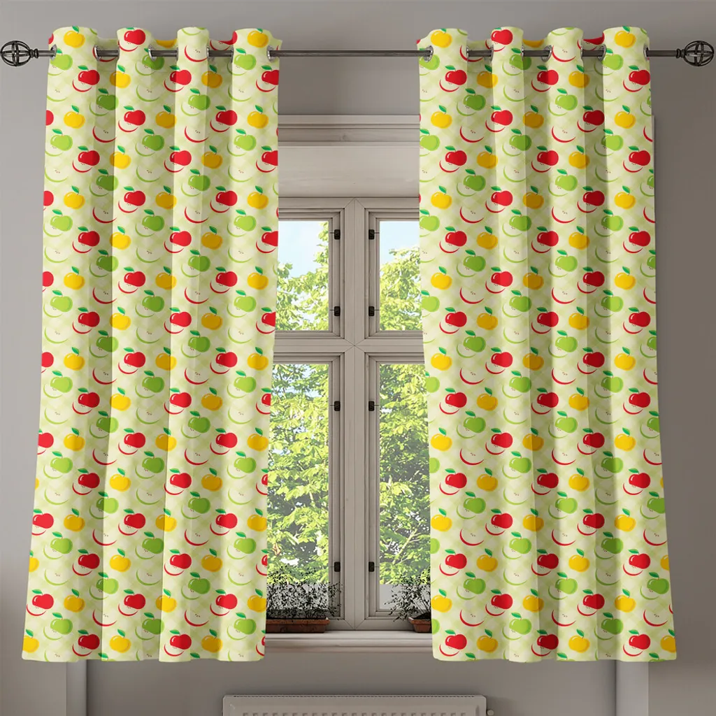 ABAKUHAUS Tenda con occhielli a tema mele, motivo a quadri diagonali con mele e fette Tema retrò-country-cucina, tende decorative a 2 pannelli, 280 cm x 175 cm, verde giallo rosso - 2