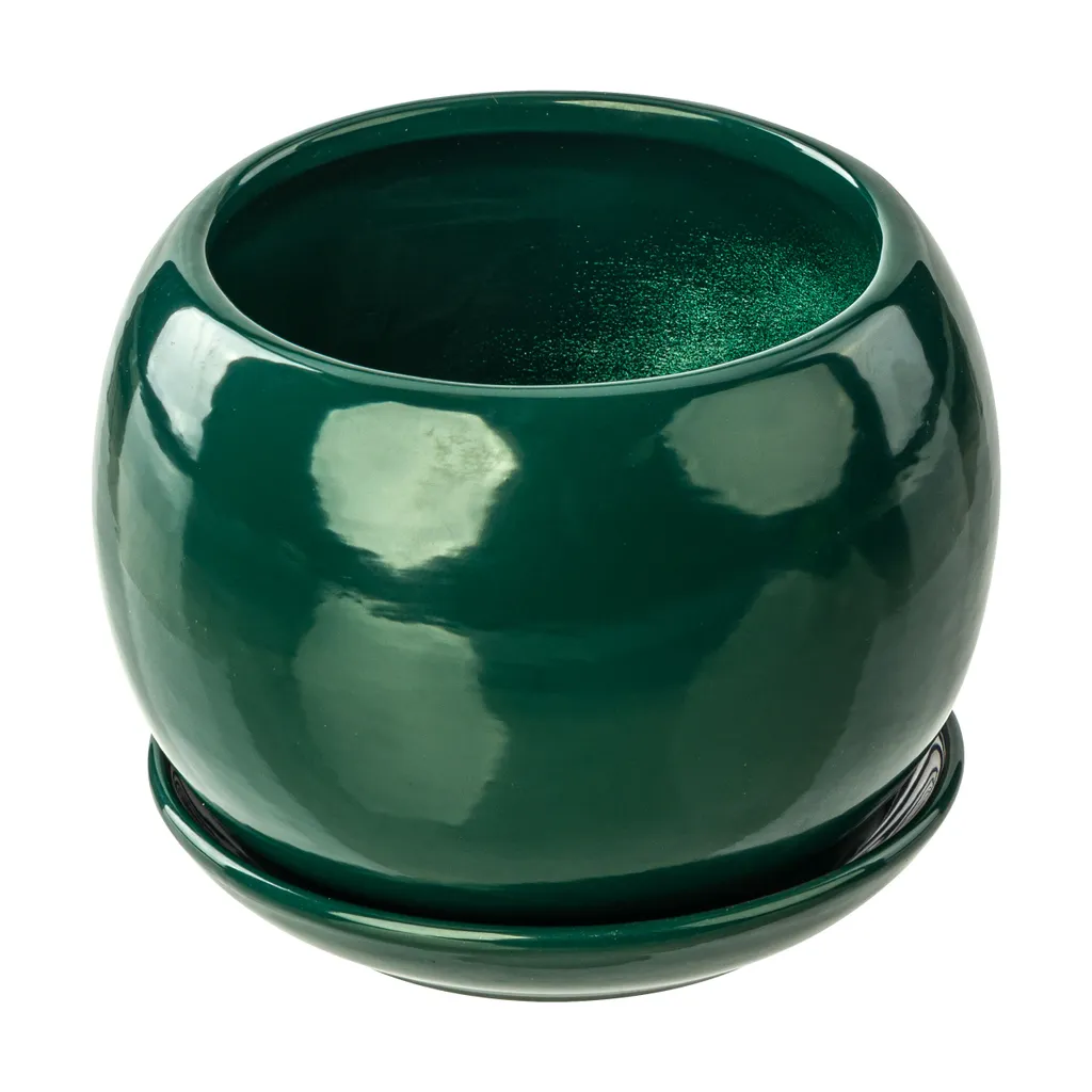 Cache-pot rond en céramique émaillée vert bouteille avec soucoupe - 4
