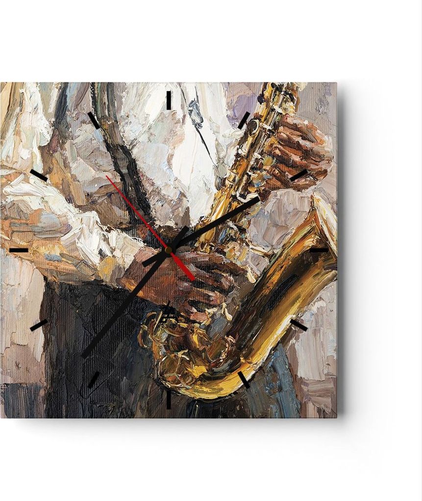 Wanduhr - Quadrat - Glasuhr - Saxophon Öl Musiker - 30x30cm - Schleichendes Uhrwerk - Lautlos - zum Aufhängen bereit - Dekoration Modern - Wandde...