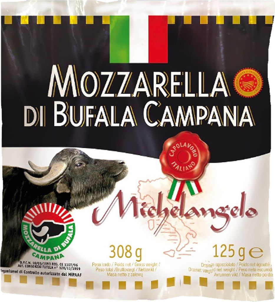Packaging for Mozzarella Di Bufala Campana cheese.