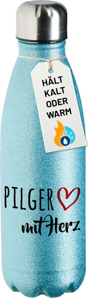 Huuraa Trinkflasche Pilger mit Herz 500ml Blue Edelstahl Wasserflasche Trinkflasche Geschenkidee