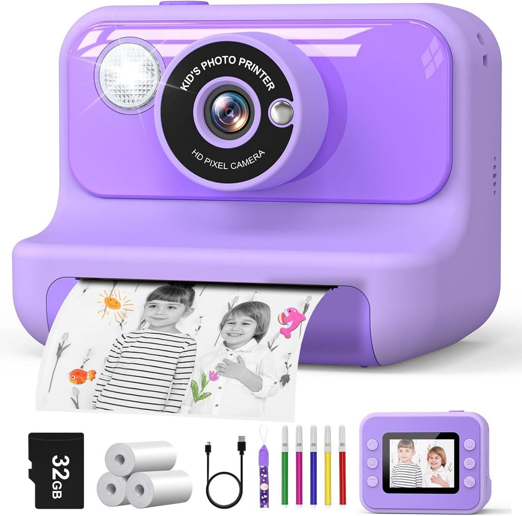 Hangrui Sofortbildkamera Kinder 2,4 Zoll, 1080P Digitalkamera mit Sofortdruck, 32GB Karte, Druckpapier & Stifte,Geschenk 3-12 Jahre für Kinder ab ...