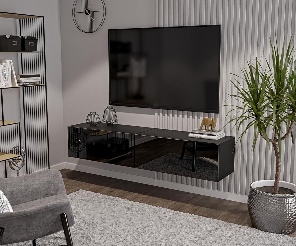 Schwarz TV Lowboard 180 cm Hängeschrank für Wohnwand Produktbild 