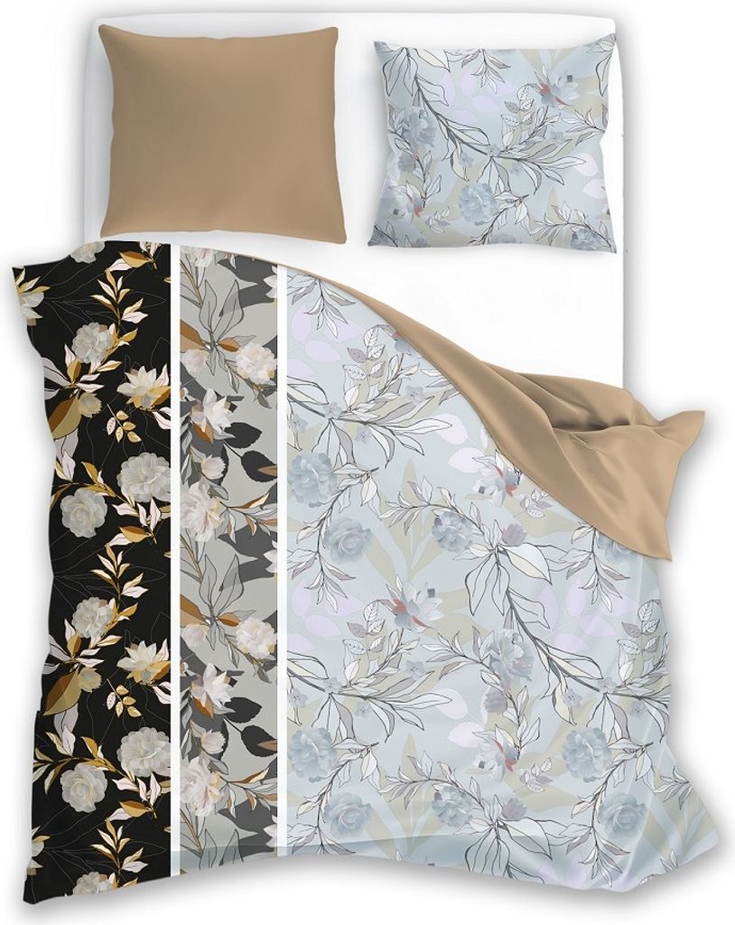 Bettwäsche, Baumwollsatin, hohe Qualität, 160x200 Elegant 010 Beige und graue Blüten