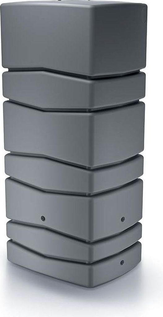 A tall, gray, rectangular water butt with a segmented design.