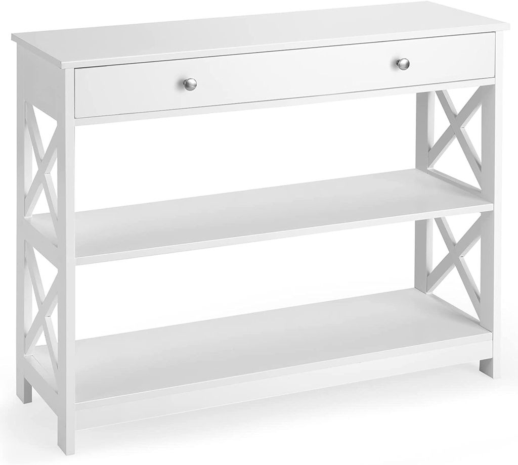 A white console table with a drawer and two shelves, shown against a white background.
