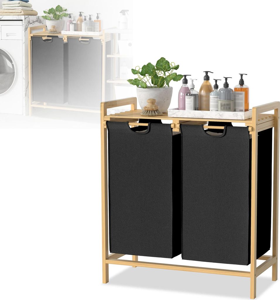 LZQ Wäschekorb 2 Fächer, Wäschesammler mit Ablage, Wäschebox, Wäschesack , 2 x 36 L, 73 x 33 x 64 cm, Schwarz