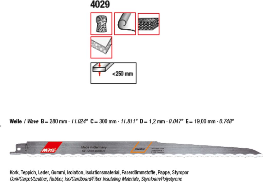 MPS Säbelsägeblatt Messer/Welle Gesamtlänge 300/verzahnte Länge 280mm : 300 mm Gesamtlänge: 300 mm