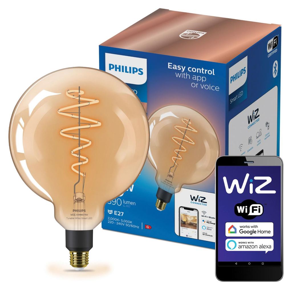 Philips Filament-Kugellampe Bernstein 6 W (entspr. 25 W) G200 E27, Wi-Fi/Bluetooth, Wi-Fi 4 (802.11n), 802.11b, 802.11g, LED, E27, G200, 2000 K