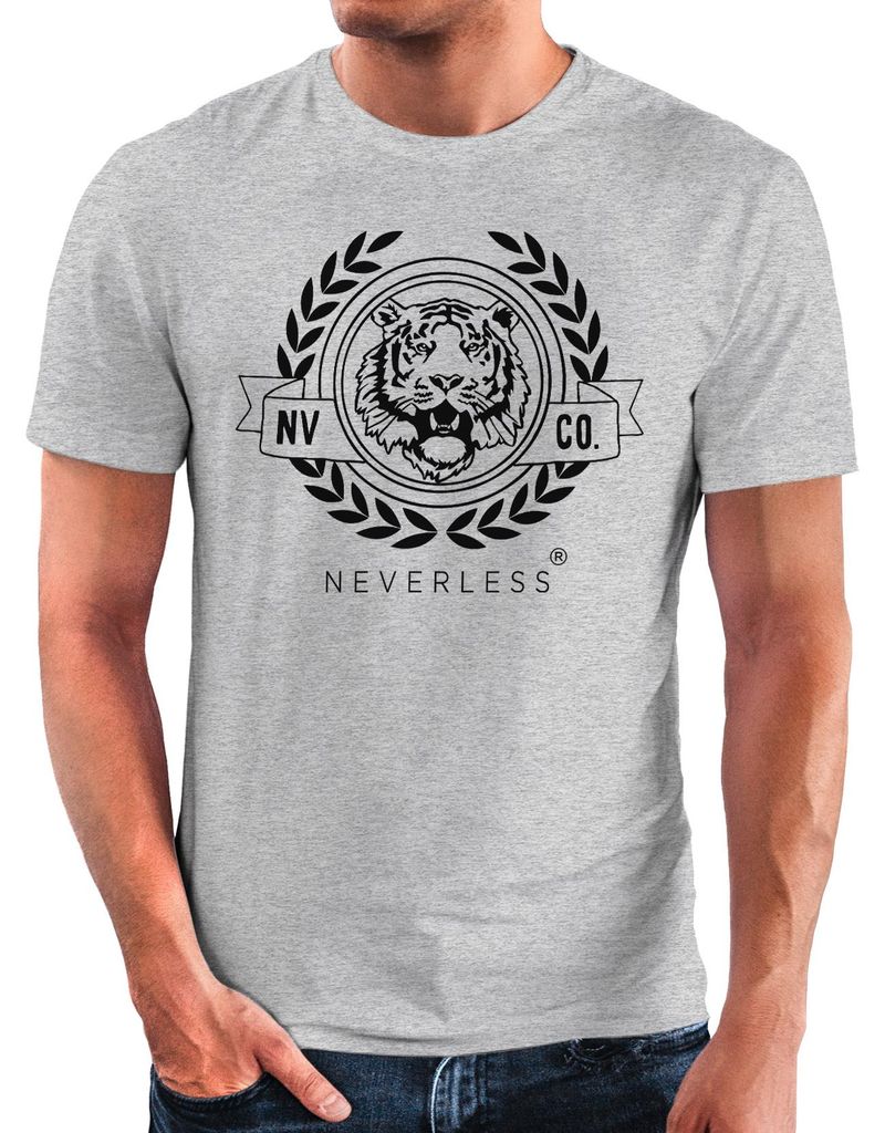 Herren T-Shirt Schriftzug Oldschool Print Tiger Bedruck Aufdruck Fashion Streetstyle Neverless grau-schwarz 4XL