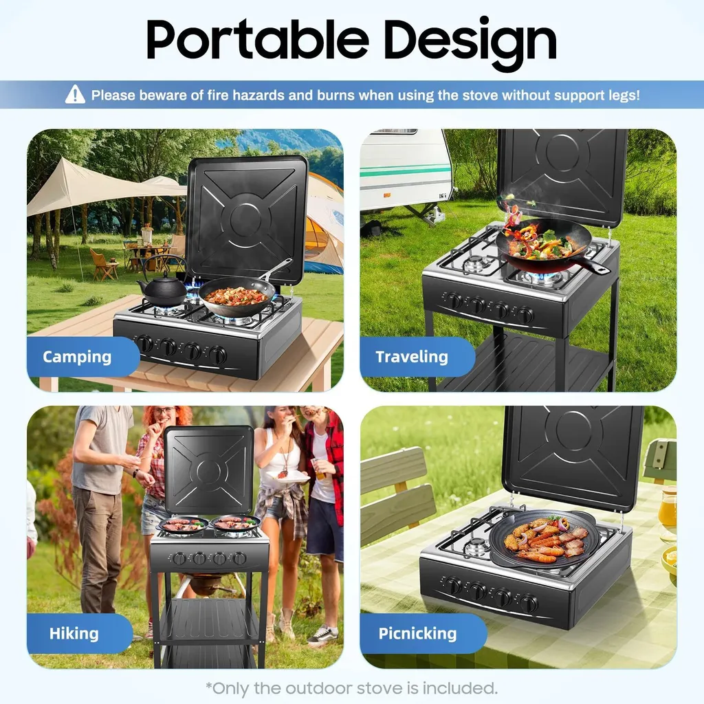Réchaud Gaz FIRE ONE 4 Brûleurs – Acier Inox, Puissant 4,4 KW, Portable Pour Camping/jardin/pique-nique (49x50xH11 Cm)