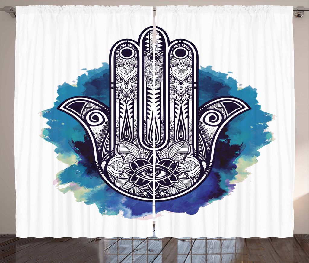ABAKUHAUS Evil Eye Rustikaler Gardine, Hamsa Brushstrokes, Schlafzimmer Kräuselband Vorhang mit Schlaufen und Haken, 280 x 245 cm, Blassblau Dunke...
