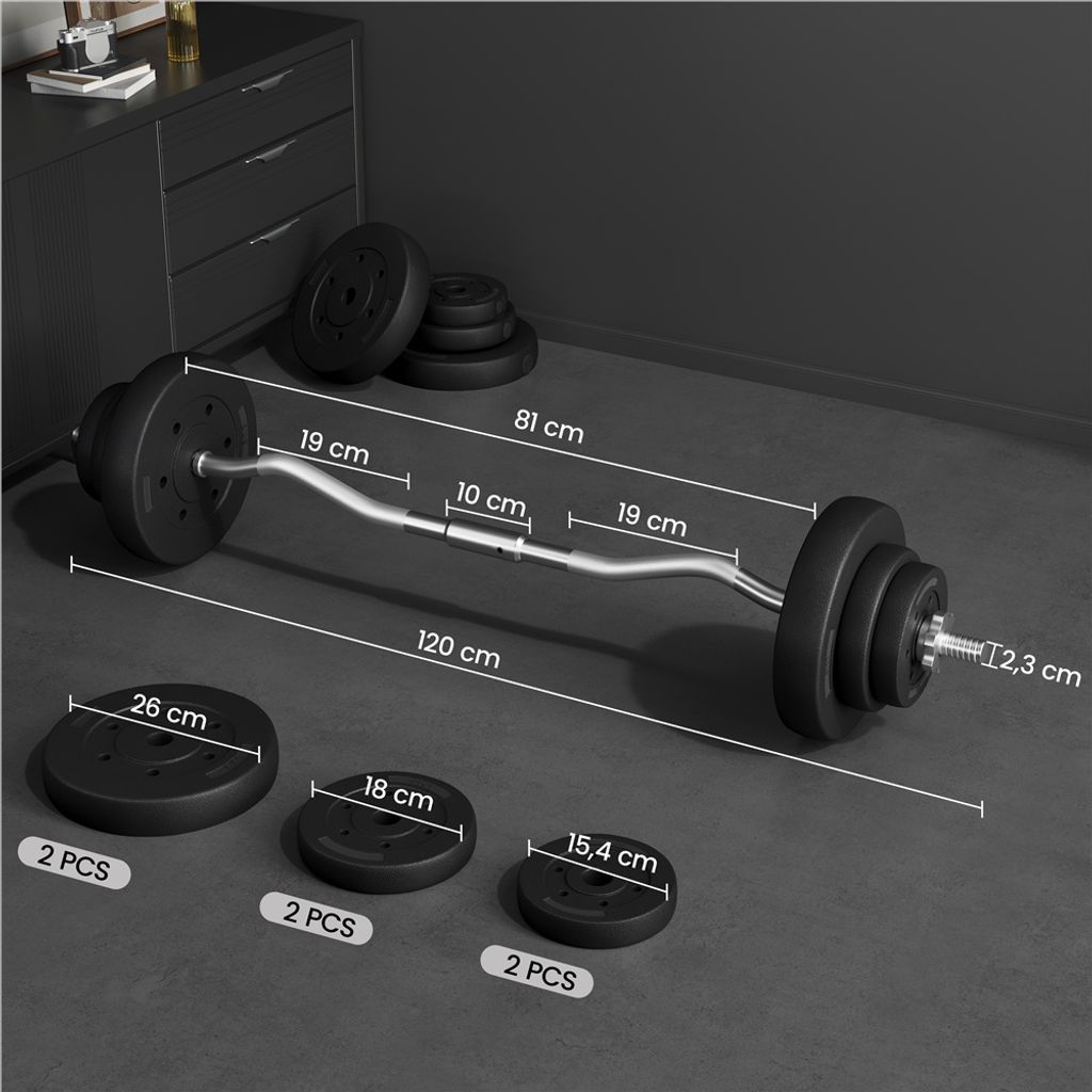 GYRONETICS® Hantelset - 30 kg, SZ-Stange 120cm, Verchromt, Rutschfest und Gerändelt, 25mm, 2x5kg, 2x7,5kg, Kunststoff Hantelscheiben, mit 2 Sternverschlüssen - SZ-Curl Set, Langhantel Set, Curlstange