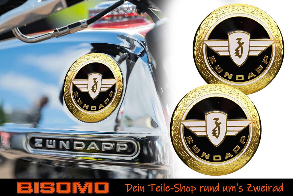 2x Zündapp Emblem, Tankemblem, Ø 65mm, Gold & Schwarz mit Produktbild 