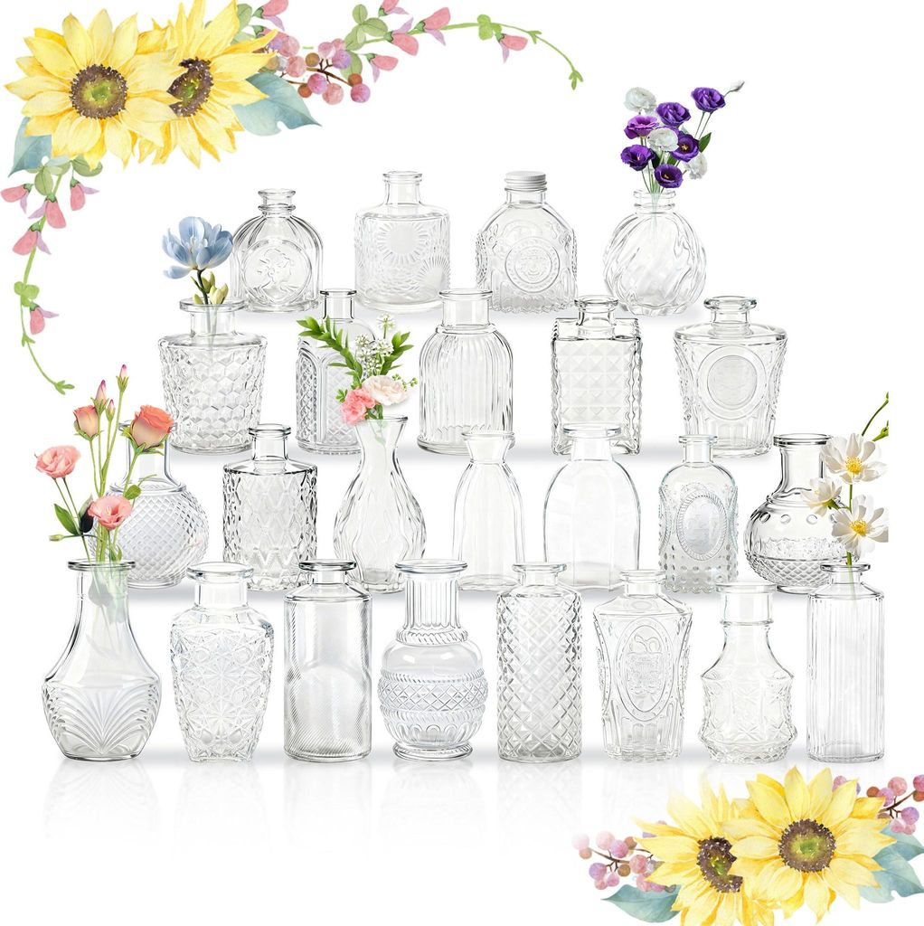 TWOLIIN Kleine Vasen für Tischdeko, Vintage Mini Blumenvasen, Glasvasen für Hochzeit, Babyparty, Wohnungsdeko, Kleine Dekovasen für Blumen Pflan...