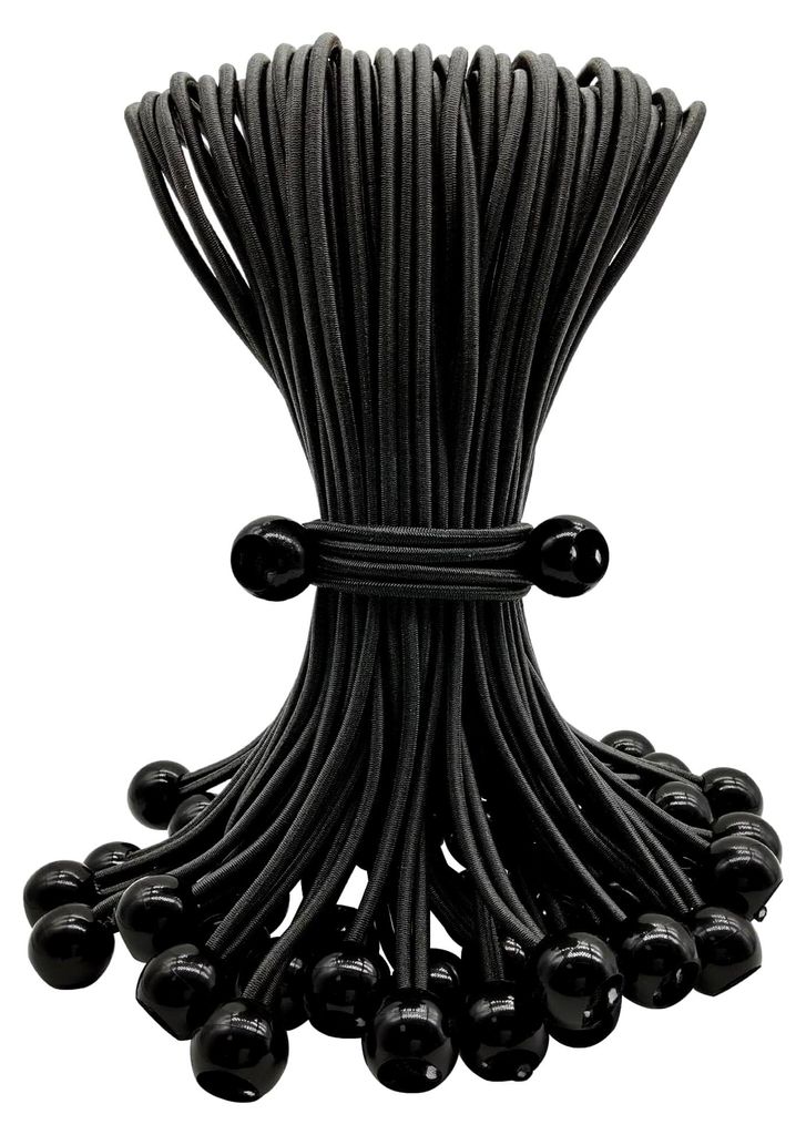 Spanngummis mit Kugel 25 cm, 50 Stück, für Zelte, Planen, Netze und Banner, Schwarz
