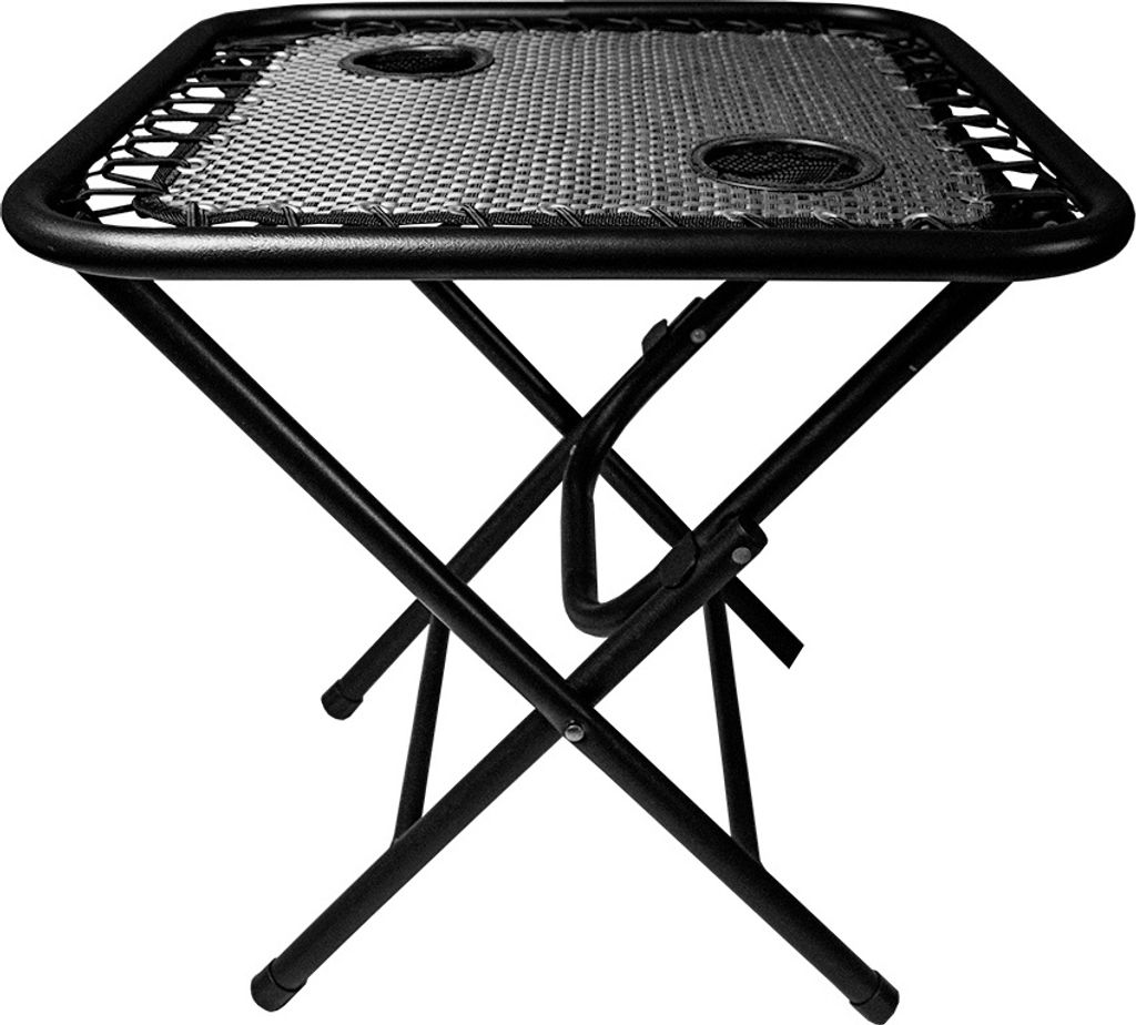A black folding camping table with two cup holders is shown against a white background.
