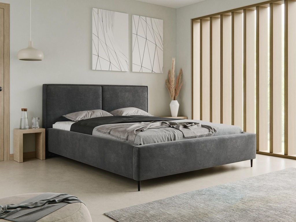 Polsterbett 160x200 mit Bettkasten & Metallrahmen ZEN Amon Samt Dunkelgrau inkl. Lattenrost Gasdruckfeder (Ohne Matratze)