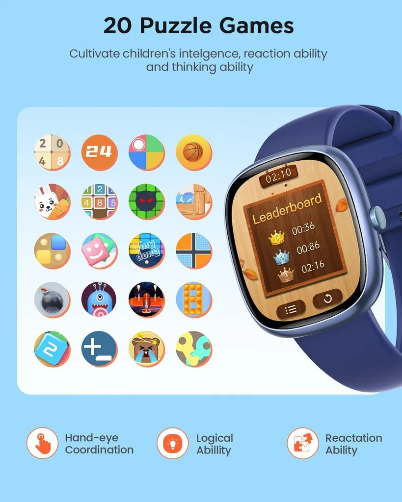 Smartwatch per bambini per ragazzi e ragazze, orologio impermeabile IP68 per attività di fitness per bambini, 20 modalità sportive, pedometro, cardiofrequenzimetro, sveglia, - 3