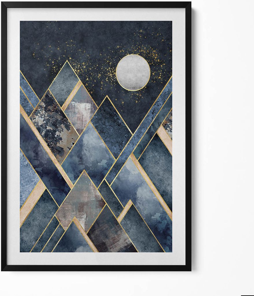 Abstrakte Landschaft mit Bergen bei Nacht und dem Mond– Wandbild mit Rahmen – Gerahmtes Bild – Wanddekoration – 70x100 cm – Schwarz Rahmen