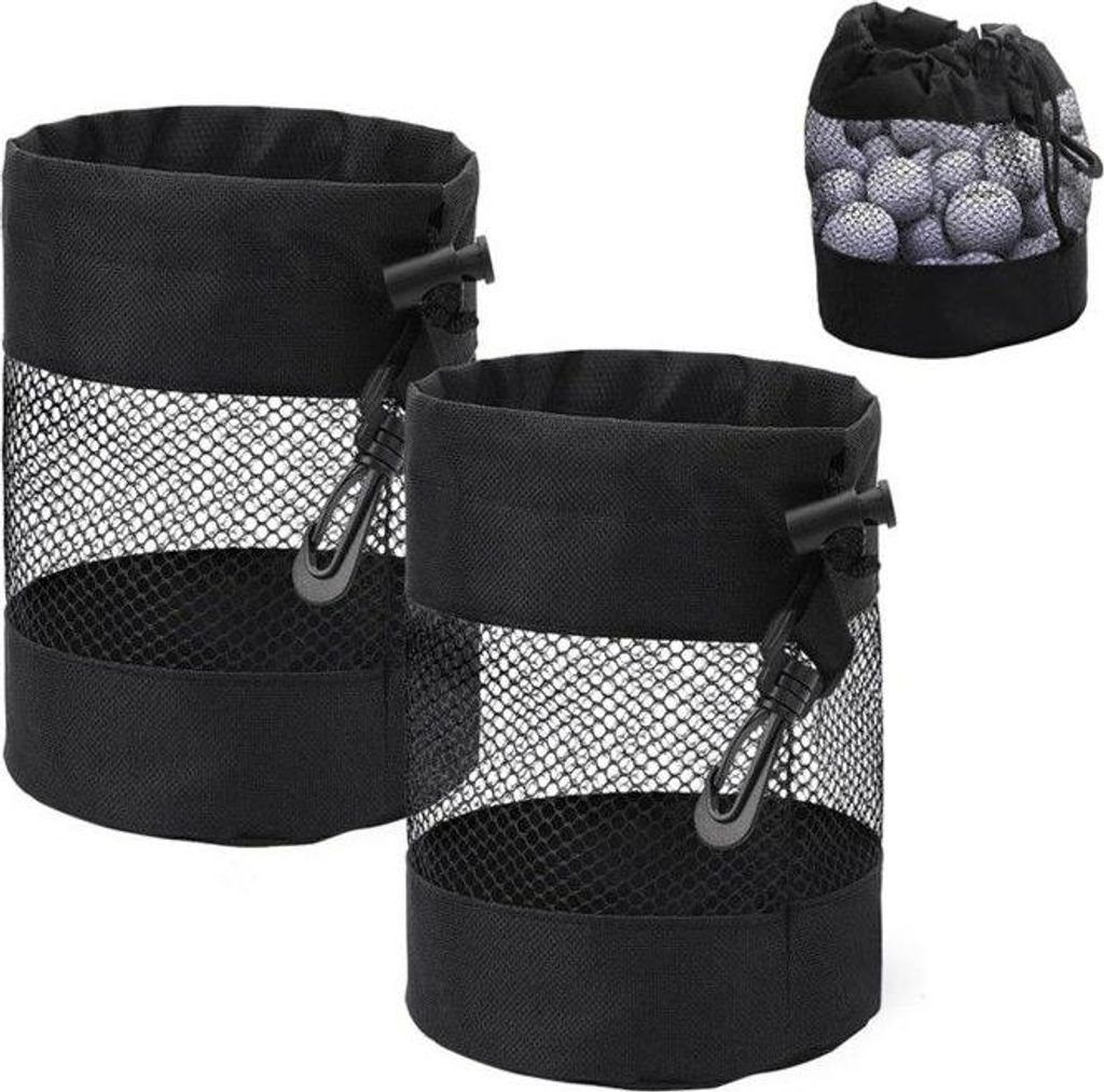 Set mit 2 Golfball-Aufbewahrungsnetzen, Beutel mit Kordelzug, leicht zu transportieren, 16,5 x 14 cm (schwarz)