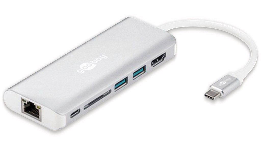 Goobay USB-C Multiport Adapter (HDMI 4k 30 Hz, USB, CR, RJ45, PD), Aluminium, Silber