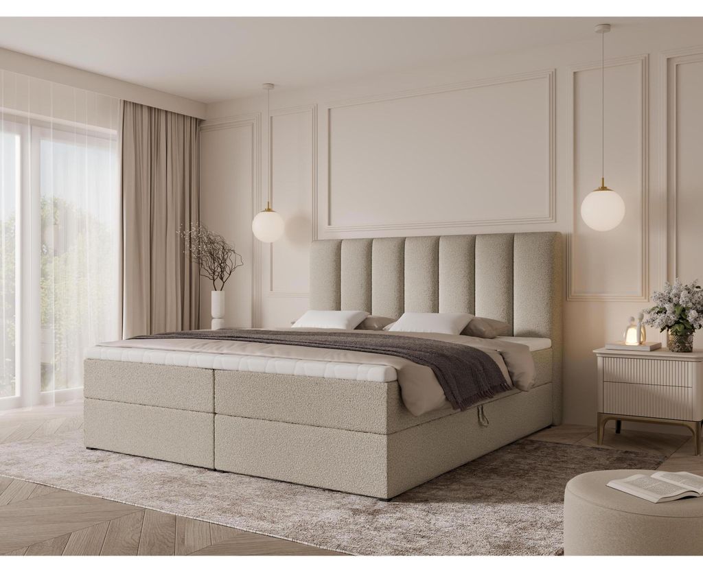 Boxspringbett PORTO mit gestepptem Kopfteil, Taschenfederkernmatratze H3/H4, 2 Bettkästen, Bouclé/Velvet, ohne Topper