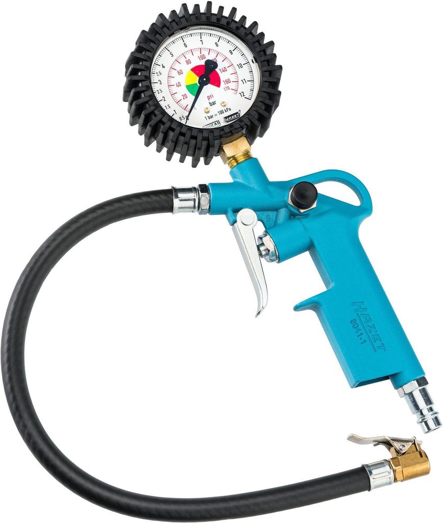A tire pressure gauge with an air hose and a trigger gun, shown against a white background.