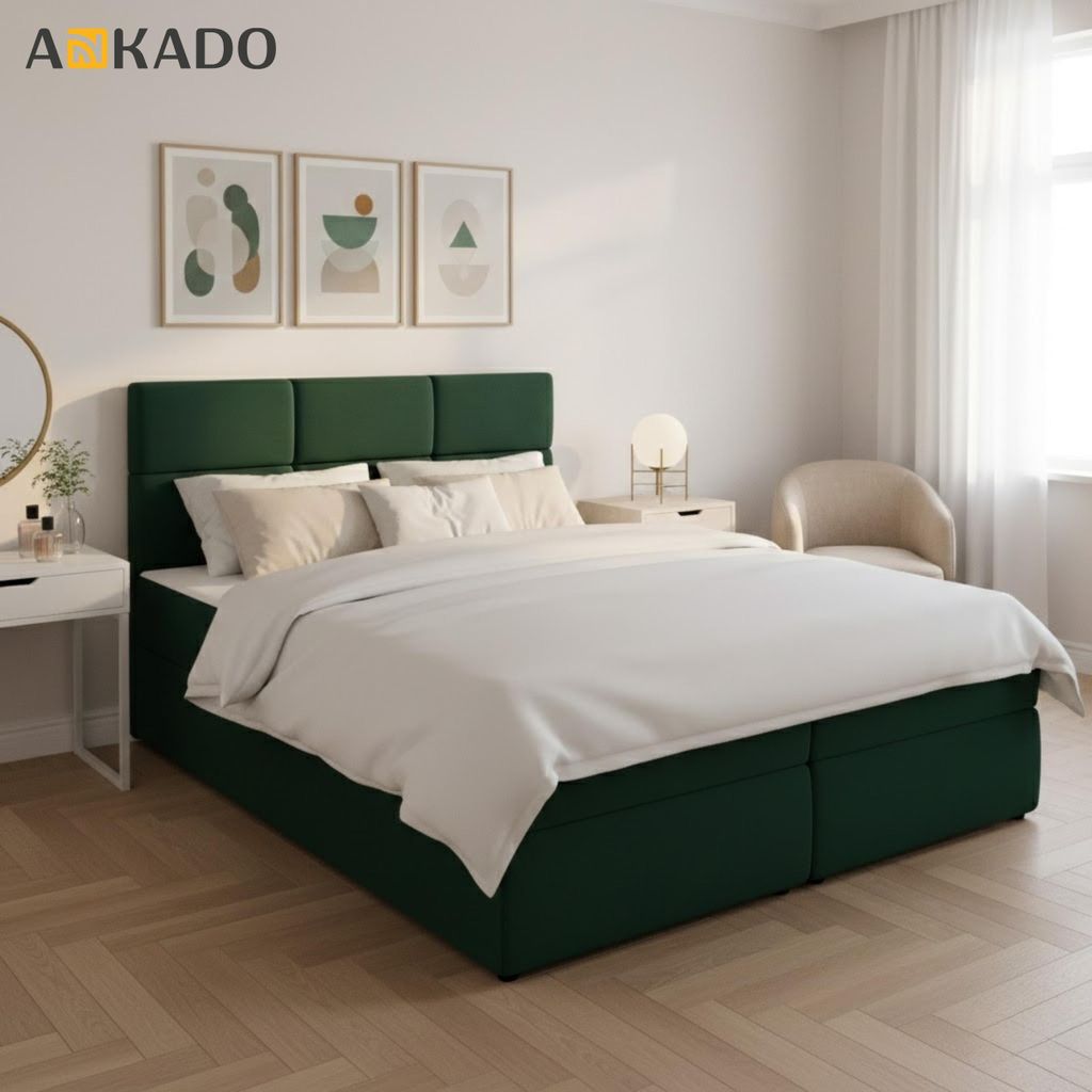 Boxspringbett - 160x200 - Grün - mit Bettkästen - mit Matratze H3 und Topper - Komplett-Set - Polsterbett - Automatisches Ausklappen