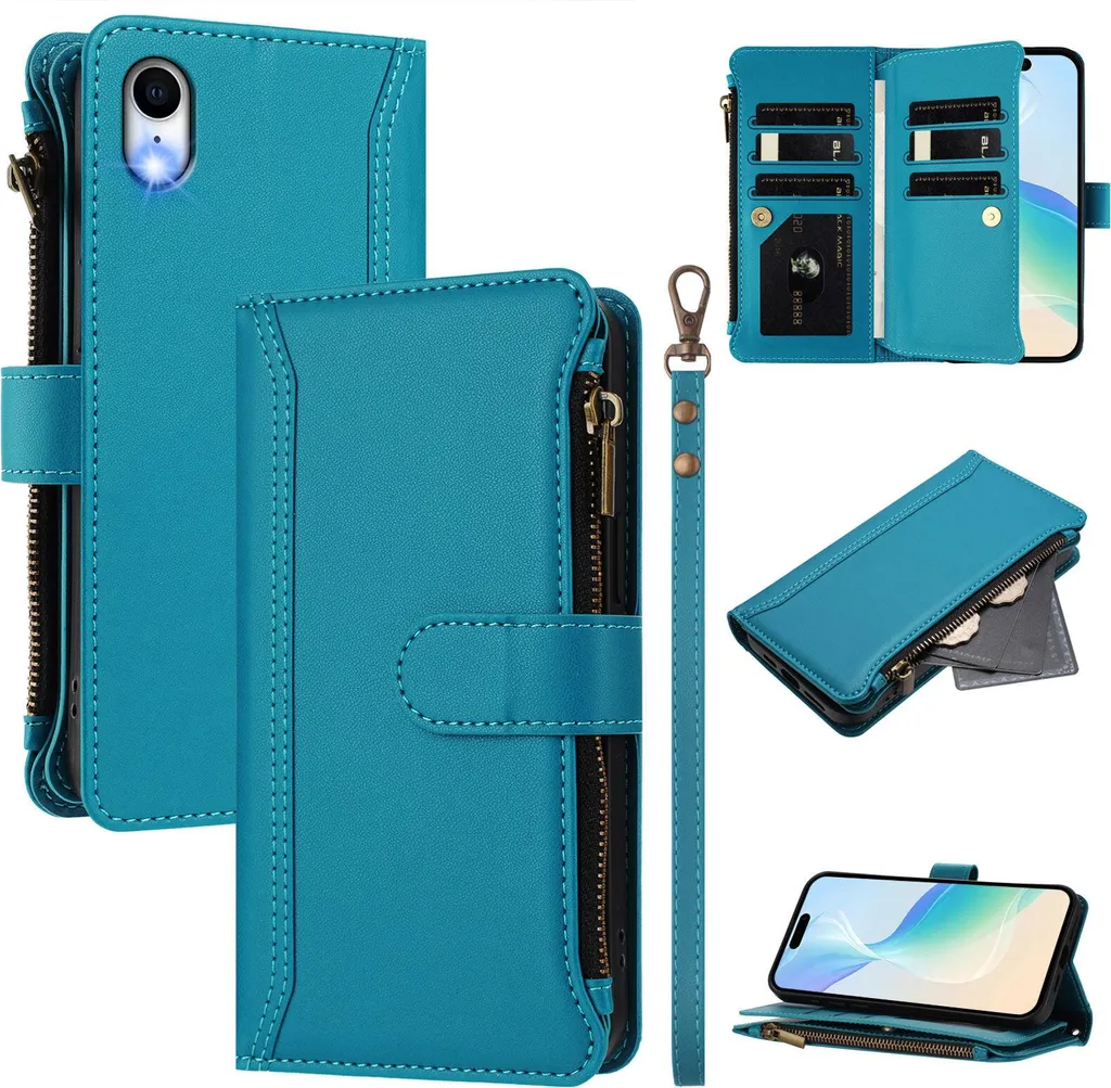 Custodia iPhone XR Blu Lago Portafoglio Zip e Cinturino Chic
