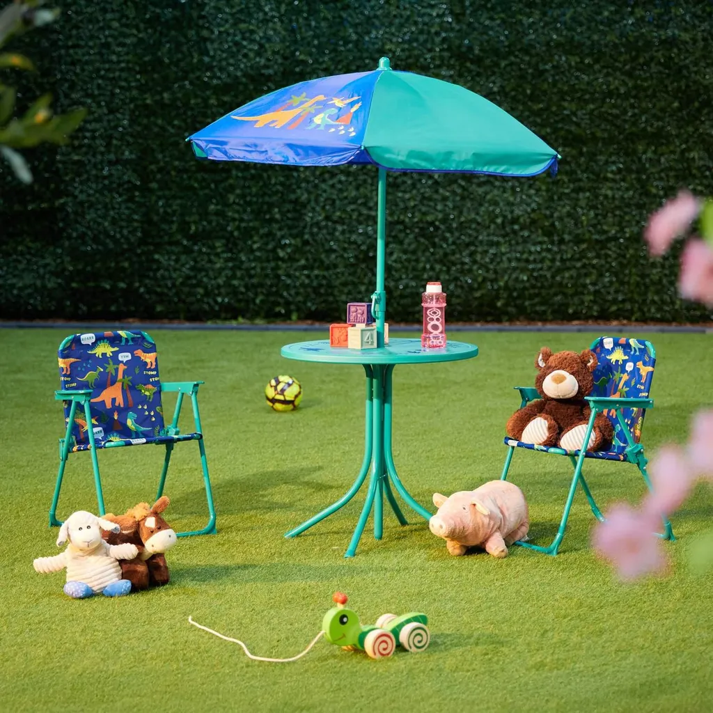 Ensemble de mobilier d'extérieur pour enfants 4 pièces avec parasol bleu