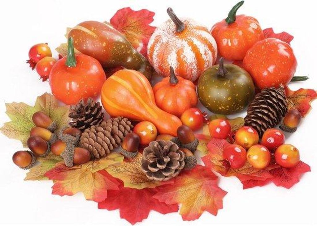 Herbstdeko Set mit Mini-Kürbissen, Eschenblättern, Walnüssen und Granatäpfeln für Thanksgiving und Halloween Party