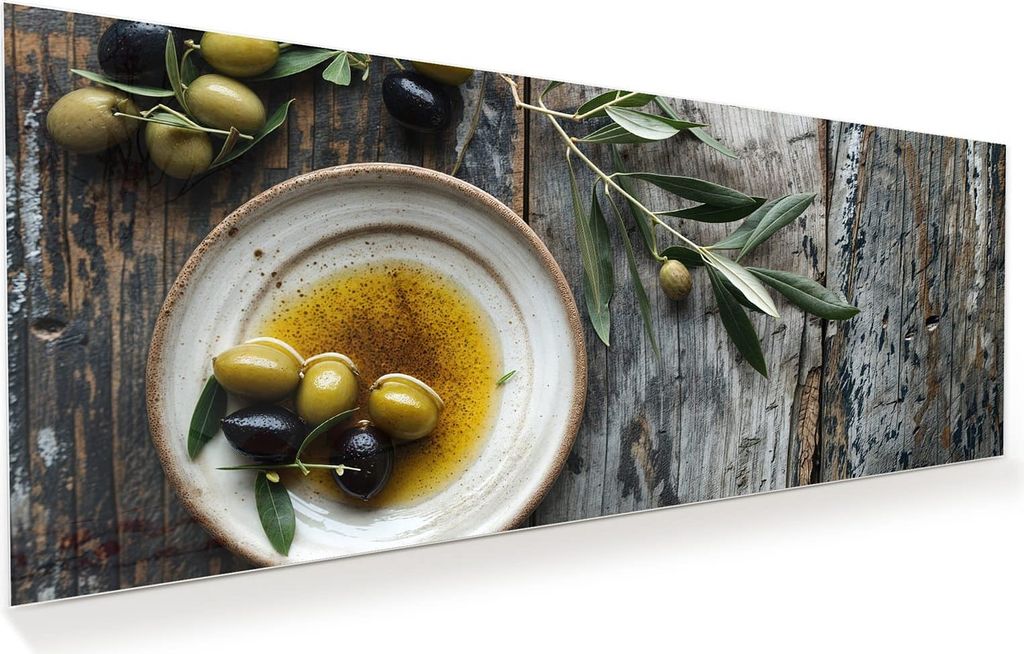 Glasbild 125x50cm in XXL für Wohnzimmer, Schlafzimmer Motiv Oliven auf Teller