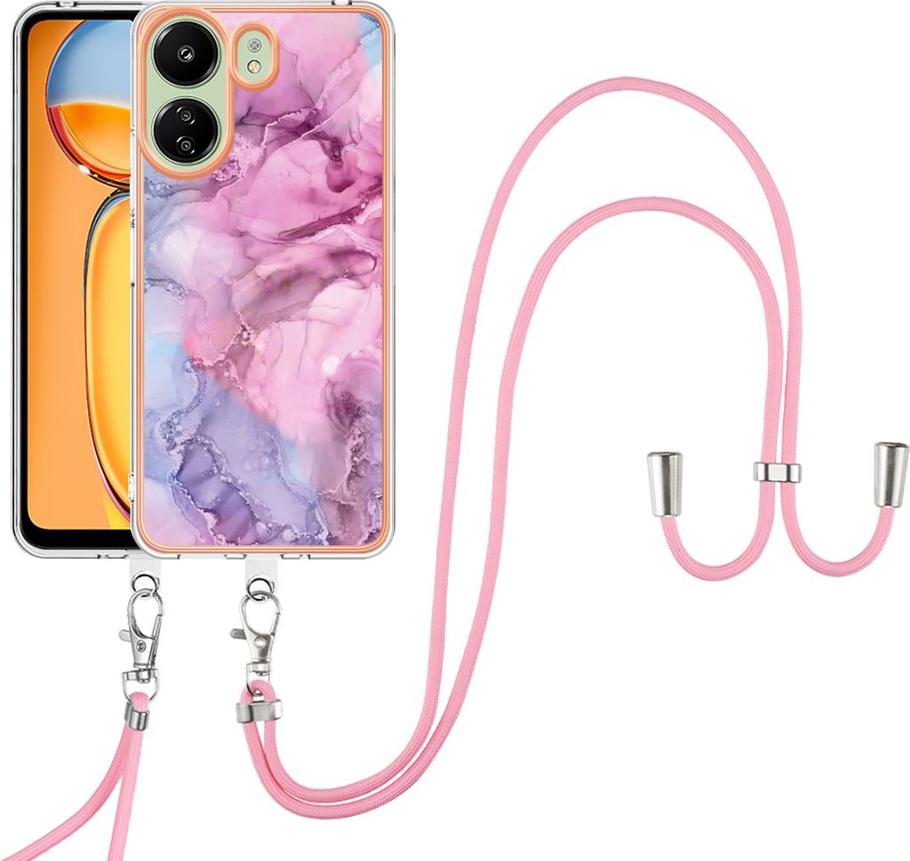 Handykette Hülle für Xiaomi Redmi 13C 4G/Poco C65 Muster TPU Schutzhülle mit verstellbarem Tragegurt Rosa