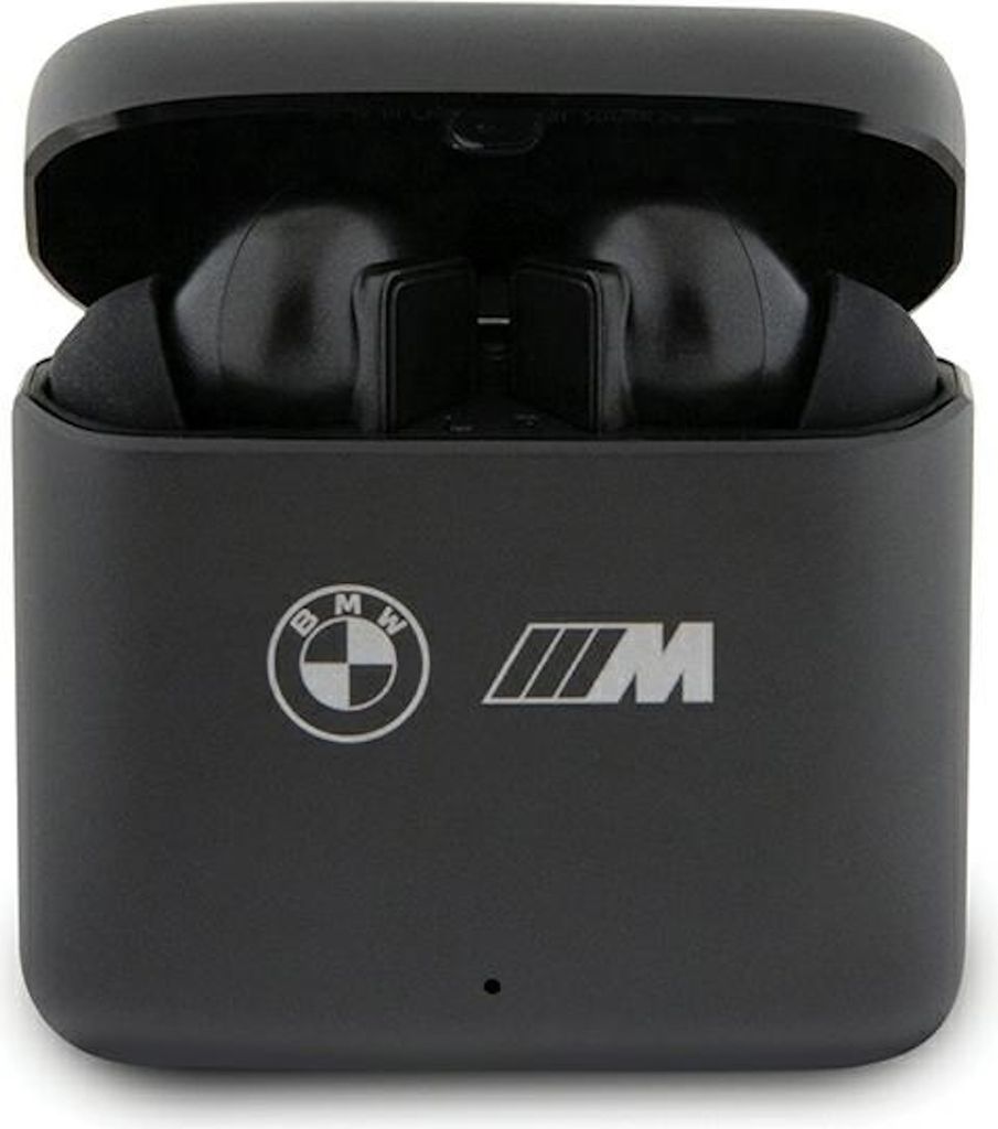 A black charging case for wireless earbuds, featuring the BMW M logo and the BMW logo.