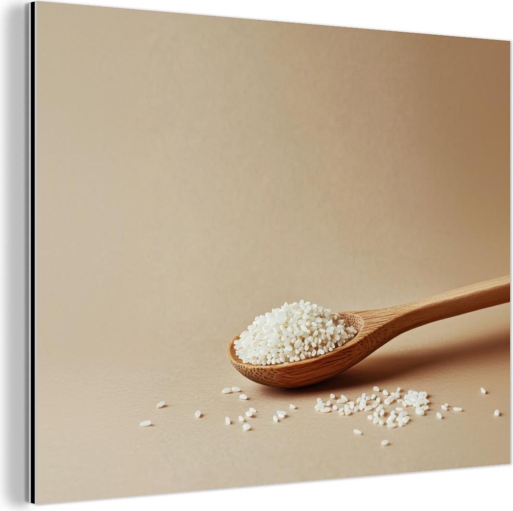 MuchoWow Wanddekoration Metall Metallbild Wandkunst 80x60 cm Löffel - Reis - Holz - Beige MuchoWow Aluminium Gemälde - Alubild